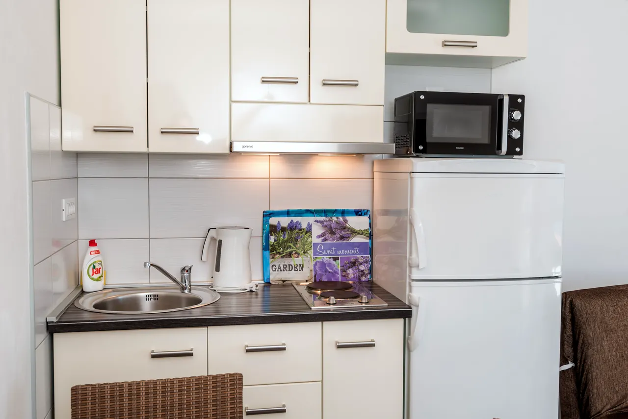 Küchenzeile mit Herd, Kühlschrank und Mikrowelle